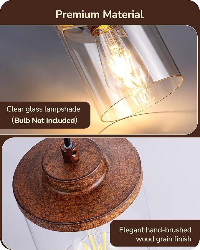 EDISHINE 2 Pack Farmhouse Pendant Lights Kitchen Island, Adjustable Pendant Light Fixtures with Brown Wood Grain Finish and Clear Glass Shade, Island Lights for Kitchen, Hallway(Bulb Not Included)
