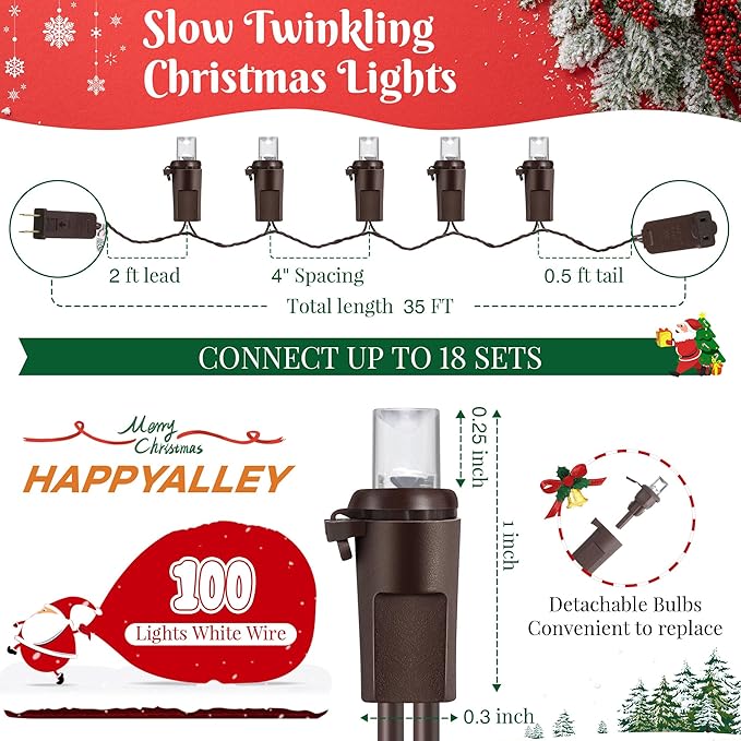Slow Twinkling Christmas Light, 100 LED 35Ft Pulsing Twinkle Lights for Christmas Tree, 5mm Wide Angle Soft Random Shimmering Set with Brown Wire Cord, Waterproof String Lights (Warm White)