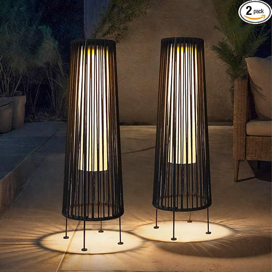 TRIROCKS Outdoor Floor Lamp 2 Piece Solar Powered Lantern Wicker Solar Patio Lamp with Olifen Rope Waterproof Rattan Outside Solar Deck Light for Patio Garden Lawn Yard (Black)