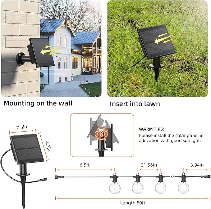 Kawaya Solar Powered String Lights for Outside, Outdoor IP65 Waterproof LED Patio Light with USB-Charging, Shatterproof Edison Hanging Lights for Bistro Yard Cafe Porch Camping (Solar-Powered 50FT)