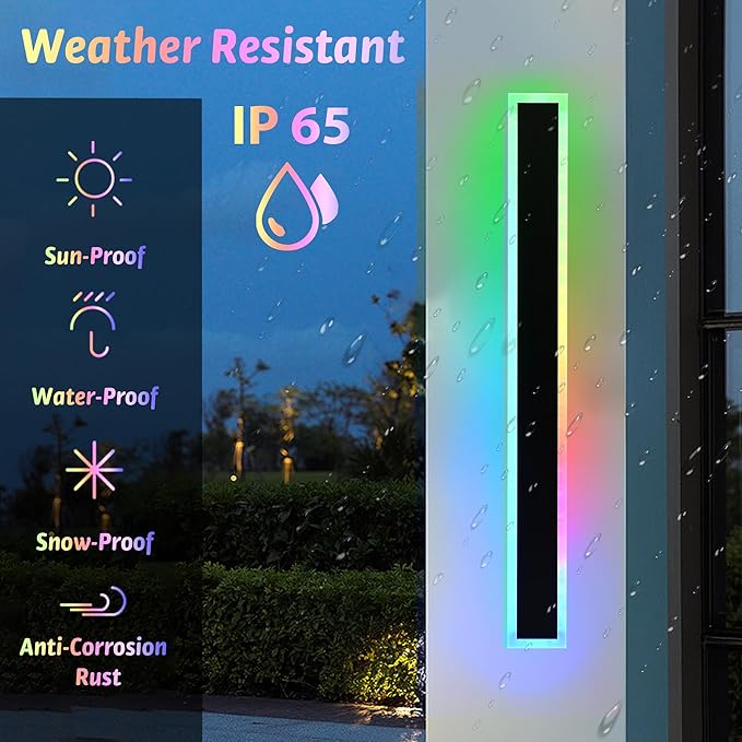 MELUCEE 2pcs 60in Long RGB Outdoor Wall Light Fixture, 5.1in Wide Dimmable Exterior Wall Lights IP65 Waterproof for Garage and Front Door, Long Outdoor Wall Sconce Black LED Outdoor Entrance Lighting