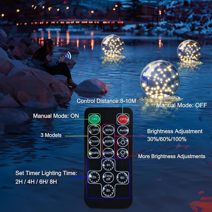 2 Pcs Solar Floating Pool Lights, 3000K Warm White LED Solar Powered Pool Light, IP68 Waterproof, Light Up Balls with Remote Control for Snowy Beach Yard Wedding Party Night Decor