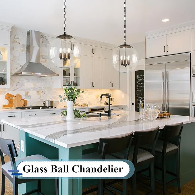 KoKo&Yukina 13.7" Black Globe Pendant Light Mid Century Pendant Light Clear Glass Pendant Lights Kitchen Island Adjustable Hanging Light Fixture for Dining Room Bedroom Kitchen Island