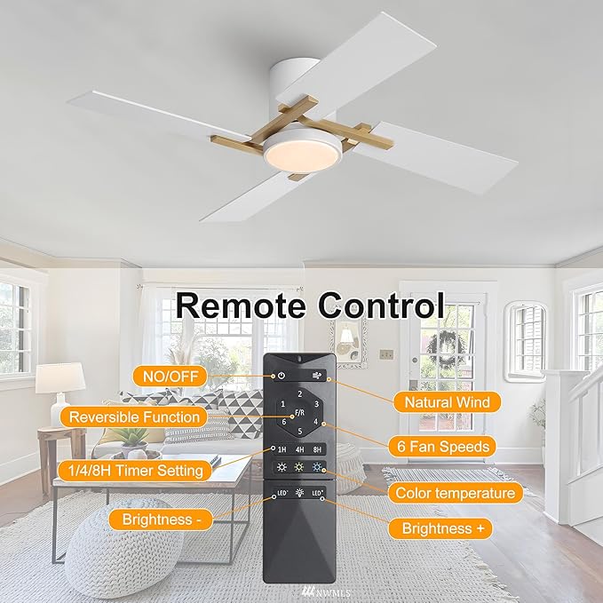 WINGBO 48" Flush Mount Ceiling Fan with Light - 4 Plywood Blades, 6-Speed Reversible DC Motor, Dimmable, 3CCT, Noiseless Low Profile Ceiling Fans and Light for Bedroom Living Room, Gold and White