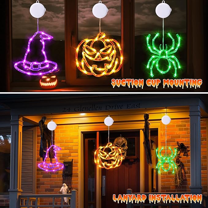 Joomer Halloween Battery Operated Window Lights, Orange Pumpkins, Purple Hats and Green Spider, Halloween Lights Decorations with Suction Cup and Timer Functions (Batteries not Included)