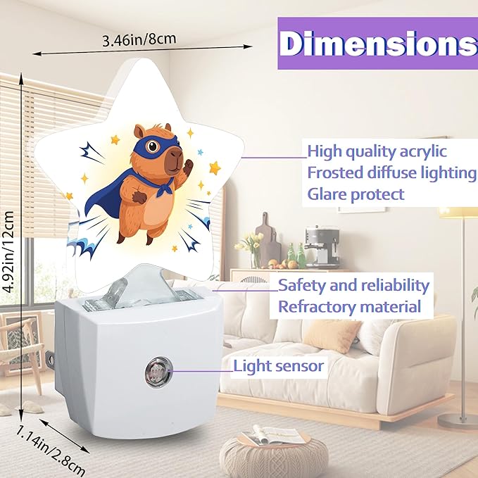 Cute Capybara Night Lights Plug Into Wall Decorative,Cartoon Animal Sleep Friendly Lamp, Energy Efficient Dusk-to-Dawn Sensor Nightlights for Kid Bedroom Nursery Bathroom