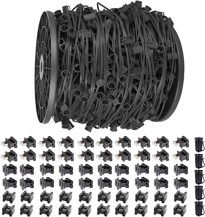 1000FT C9 Light String, E17 Socket 12" Spacing, C9 Christmas Stringer Outdoor Black Stringer for Wedding Patio Event Lighting Decor, Black Wire