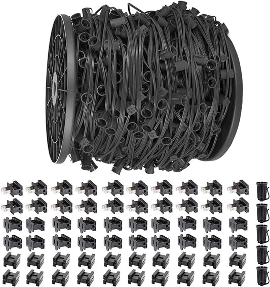 1000FT C9 Light String, E17 Socket 12" Spacing, C9 Christmas Stringer Outdoor Black Stringer for Wedding Patio Event Lighting Decor, Black Wire