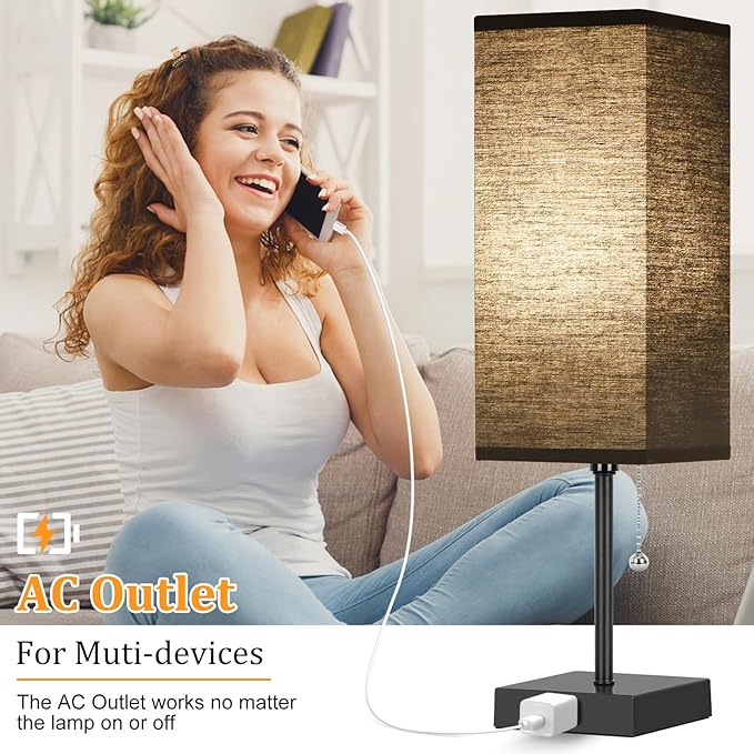 Table Lamp for Bedroom set of 2,3-Color Bedside Lamps with Pull Chain Table Lamps for Nightstand with AC Outlets,18'' Night Light Lamps with 2 Bulbs Lamps for Living Room Kids Office Decor（Black）