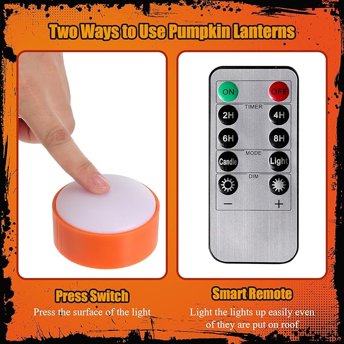 Riakrum 6 Pieces Remote Timer LED Lights with Remote LED Pumpkin Lights Battery Operated Lantern Bright Flameless Candle(Orang, Purple Light)