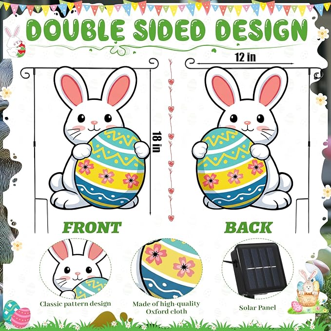 VIHOSE Easter Garden Flag for Outside, 12 x 18 Inch Solar Easter Garden Flag, 8 Modes LED Rabbit Yard Flags Lighted Egg Double Sided Outdoor Banner for Courtyard Lawn Decoration