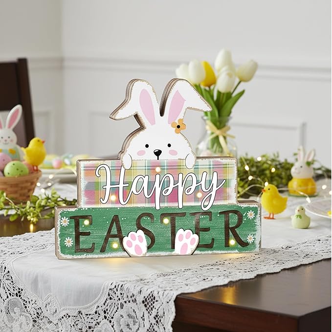 Happy Easter Sign Bunny Decor, Farmhouse Light Up Easter Decorations, Rustic Lighted Spring Decoration With LED Lights, Wooden Rabbit For Home, Office, Kitchen, Table Centerpiece, Tiered Tray, Mantel