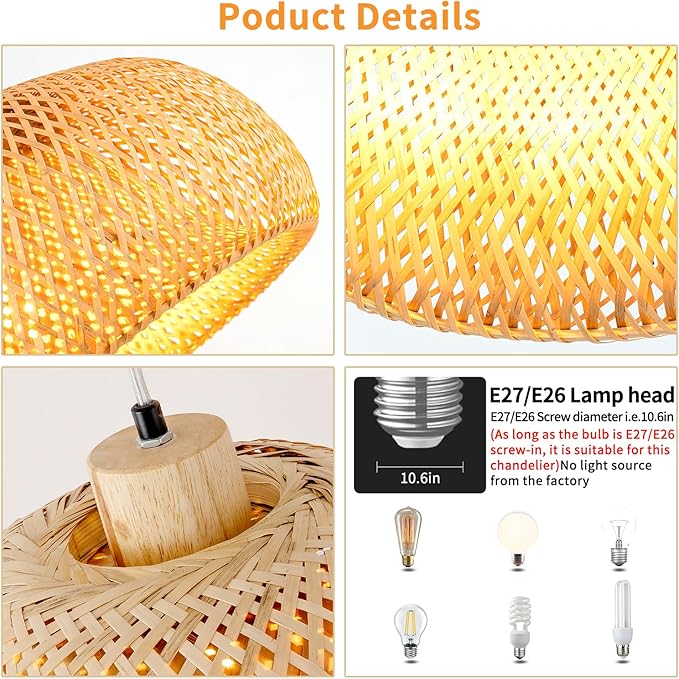 23.6inch Bamboo Rattan Pendant Light, Hand-Woven Wicker Boho Hanging Ceiling Light Fixture, Beige Pendant Lamp Rustic Farmhouse Chandelier for Kitchen Island, Dining Room, Bedroom, Living Room