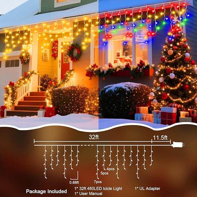 49 Ft Ice Light for Outside, 480 LED Christmas Lights Outdoor Plug in, Christmas Ice Lighting with 11 Modes & Timer for Holiday, Party, Wedding, Patio, Outdoor Decor(Warm+Multicolor)