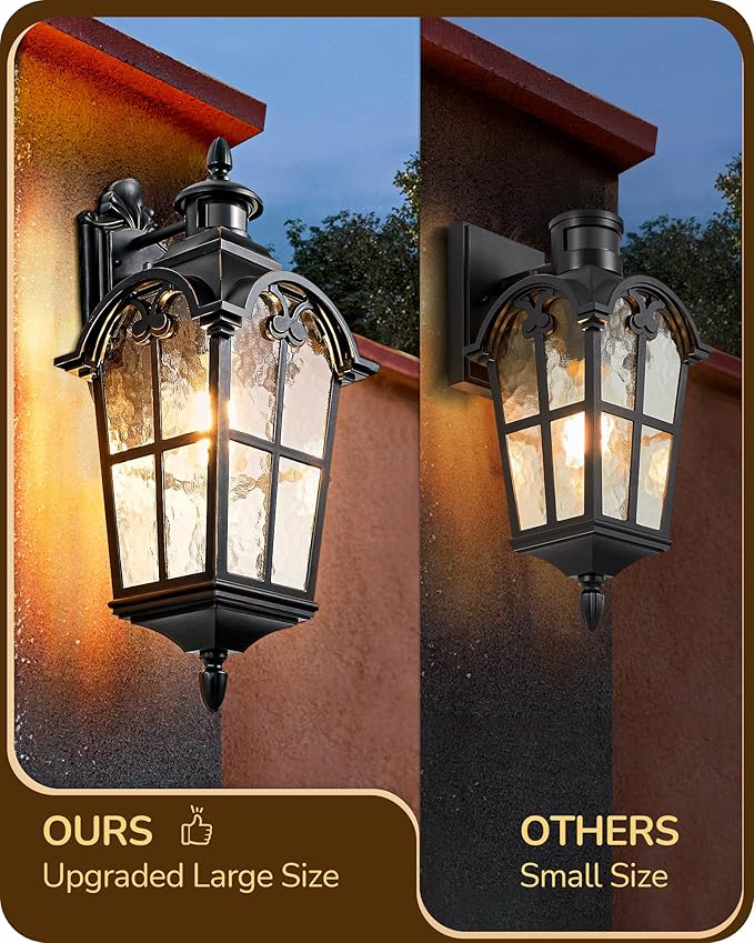 EDISHINE 20.2" Large Motion Sensor Outdoor Wall Lights, Dusk to Dawn Exterior Sconce with Water Ripple Glass, Waterproof Outside Porch Lighting Wall Mount Fixture for Front Door Garage