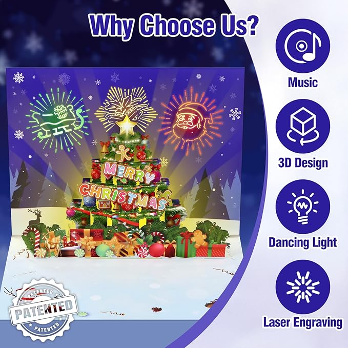 FaCraft Musical Christmas Cards, with Lights and Music, Handmade 3D Pop Up Christmas Tree Card, with Envelope, Blank Insert and Seal, for Winter, Holidays, New Year