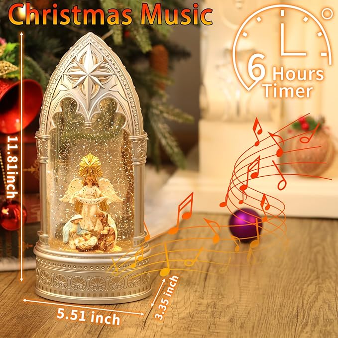 11.8 Inch Angel Snow Globe, Christmas Lantern with Glittering Lighted Plug-in, 3 AA Battery Operated & USB Powered, Angel Snow Globe Lantern for Christmas Home Decoration and Gift