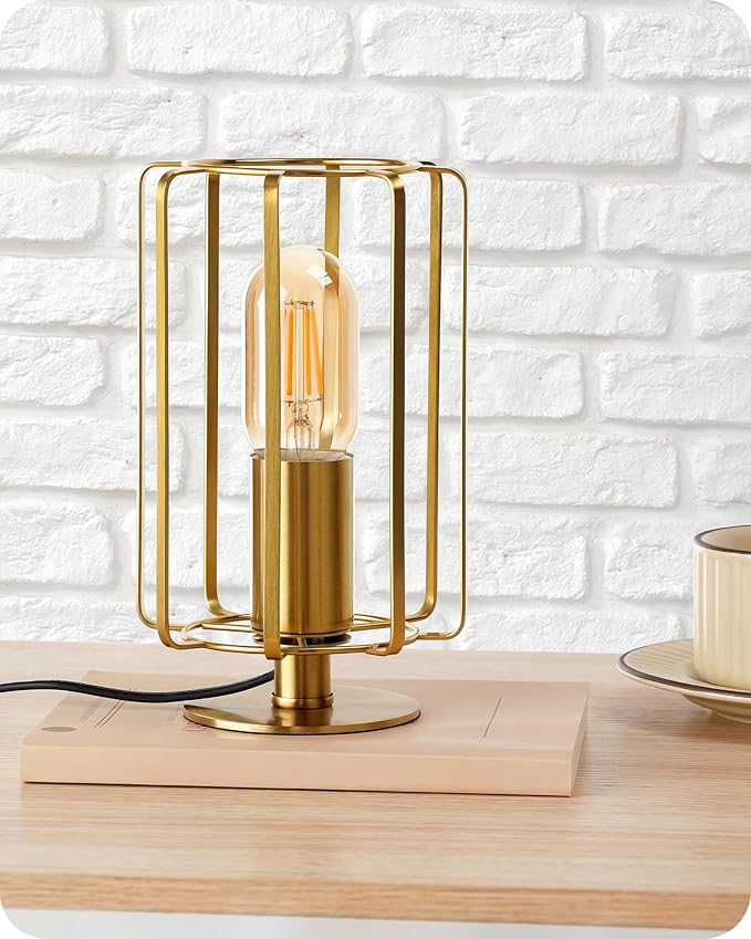 Industrial Table Lamp, 8.5" Small Brass Table Lamp with Dimmable 2400K Warm Light LED Bulb, Vintage Brass Desk Lamp, Gold Bedside Lamp for Bedroom, Study, Office, Small Space, D05TL05