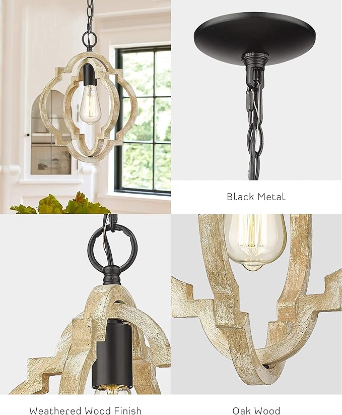 CALDION 2Pack Wood Pendant Lights Kitchen Island, Farmhouse Pendant Lighting Fixtures, Adjustable Height Hanging Pendant Lights for Foyer, Dining Room, Entryway