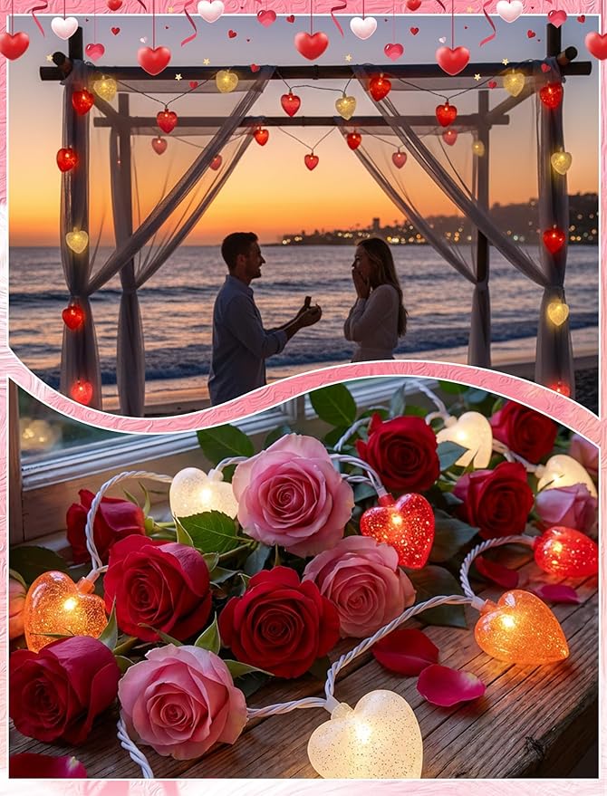 8.5ft Valentine’s Day Heart String Lights Plug in, Valentines Lights with 10 LED Red Pink White Shatterproof Bulbs, Fairy Lights for Indoor Outdoor Home Decor Wedding Party Birthday, Warm White