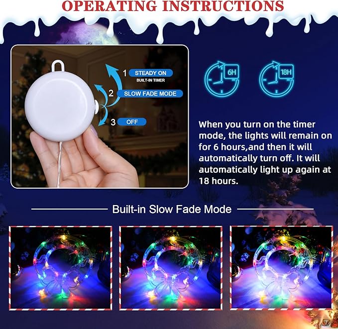 LOLStar Christmas Window Decorations 3 Pack Wreath Gift Box Santa Claus Christmas Window Lights with Suction Cups, Battery Operated Xmas Lights Decors, 2025 Upgrade Slow Fade Mode and Timer Function