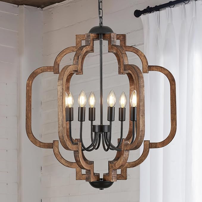 24.6" Farmhouse Vintage Chandelier 8-Light for Dining Room Rustic Handmade Wood Hanging Ceiling Pendant Light Fixture for Entryway Brown Retro Chandeliers for Kitchen Bedroom Foyer Hallway