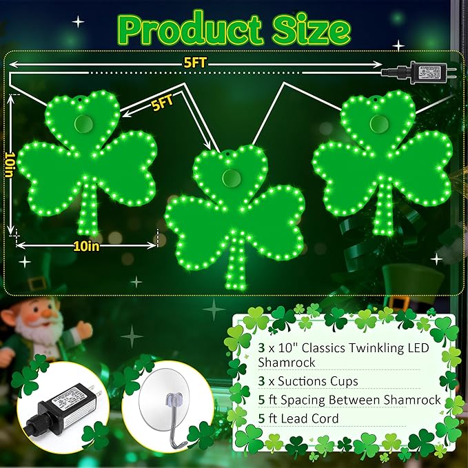 3 Pack 10" St Patricks Day Classics Twinkling LED Shamrock, Hi-Vibrant Aluminum Frame Green Irish Clover Window Silhouette LED Lights, Holiday Waterproof Indoor Outdoor Decoration
