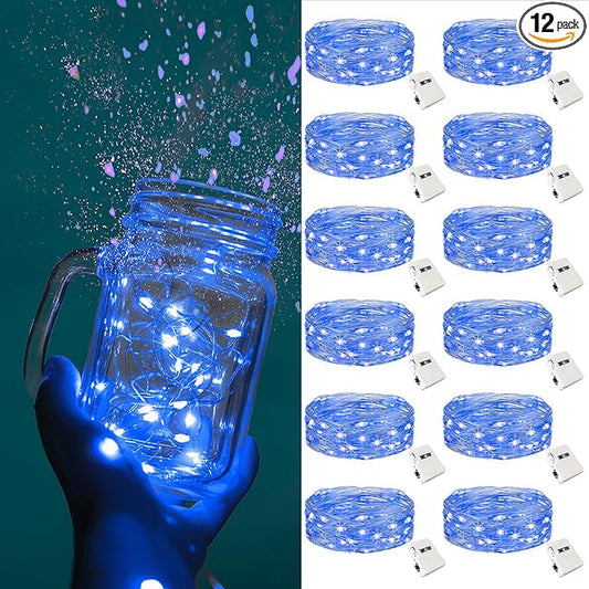 ZGWJ Fairy Lights Battery Operated, 12 Pack Blue Twinkle String Lights 20 LED 7FT Mason Jar Lights for Bedroom, Halloween, Christmas, Party Indoor and Outdoor Decoration