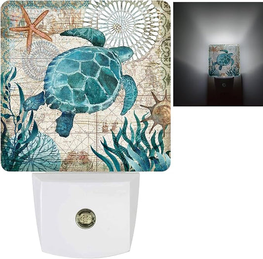 Vintage Ocean Turtle Plug-in LED Night Light,Starfish World Map Auto Dusk to Dawn Sensor Nightlights Plug into Wall,White Energy Efficient Night light for Bedroom,Bathroom,Kitchen,Stairs,Hallway