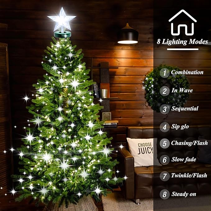 Aneeway Tree Lights with Star Toppers, 410 LED Lights with 8 Modes & Memory Function, 6.6FT x 16 String Lights, Remote Control & Timing for Christmas Ornaments - Cold White