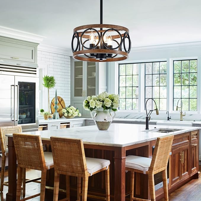 4-Light Farmhouse Drum Pendant Light,12.6'' Nature Wood Texture Vintage Rustic Chandeliers Black Metal Industrial Hanging Light Fixtures for Entryway, Bedroom Dining Room