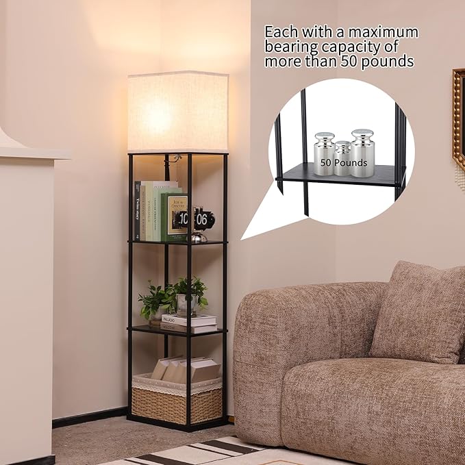 Floor Lamp with Shelves, Large Size Rectangle Standing Lamp with 3 Color Temperature Bulb, Corner Display Bookshelf Lamp for Living Room, Bedroom and Office (Black-9)