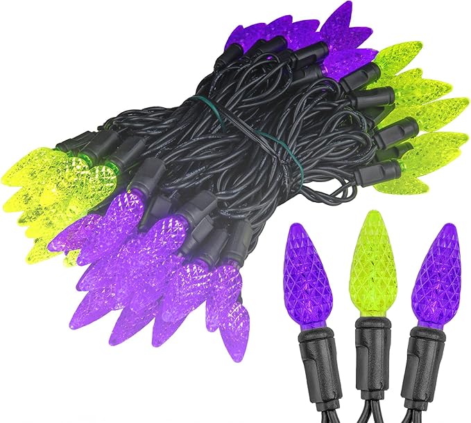 ‎‎‎Novelty Lights 24FT 70 LED C6 LED Halloween String Lights, Outdoor Christmas Tree Commercial Grade LED String Lights, Christmas Lights Outdoor Tree Decorations Outdoor (Purple/Lime)
