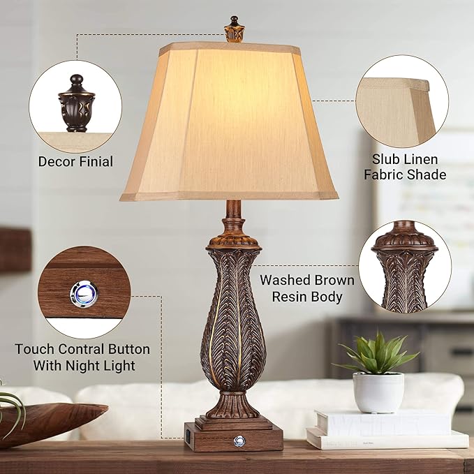 3-Way Dimmable Table Lamps for Bedrooms Set of 2, 30" H Touch Lamps for Living Room with USB & Type-C Ports, Brown Mermaid Bedside Lamp for Nightstand, Resin Farmhouse Rustic Lamp with 2 Bulb