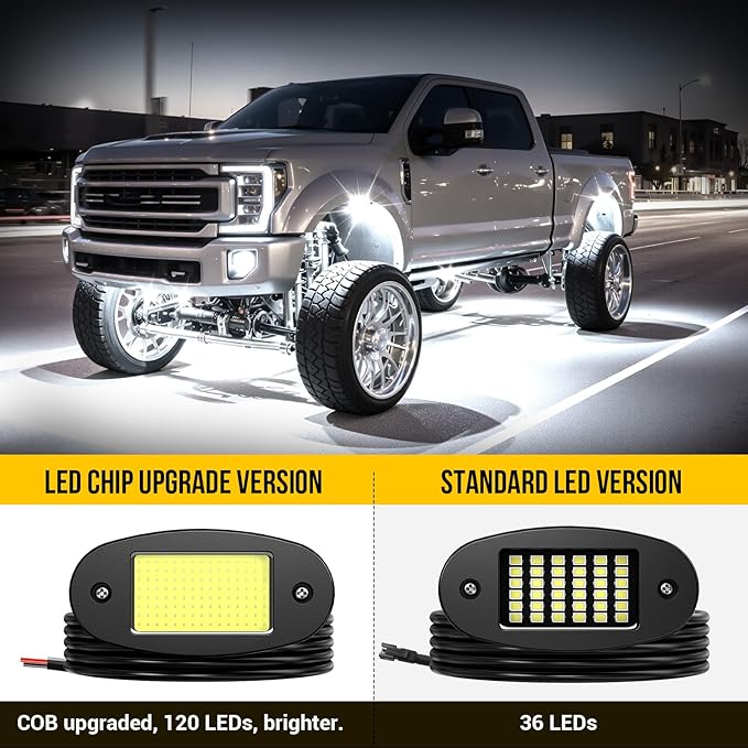 12 Pods COB White Rock Lights, 120 COB Chips 6500K Pure White Super Bright Neon Underglow, IP68 Waterproof Shockproof Off-Road Light Kit for Pickup Trucks, SUV, UTV, ATV, RZR, Cars & Boats