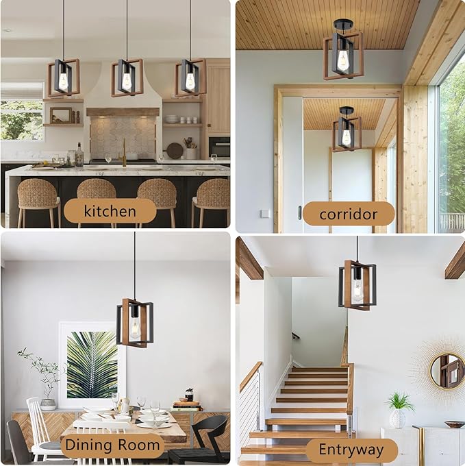 9MMML Wood Pendant Light Kitchen Island Set of 2, Farmhouse Hanging Lamp with 62'' Height Adjustable Cord, Small Ceiling Pendant Light Fixture for Dining Room, Entryway, Foyer(E26 Bulb Base)