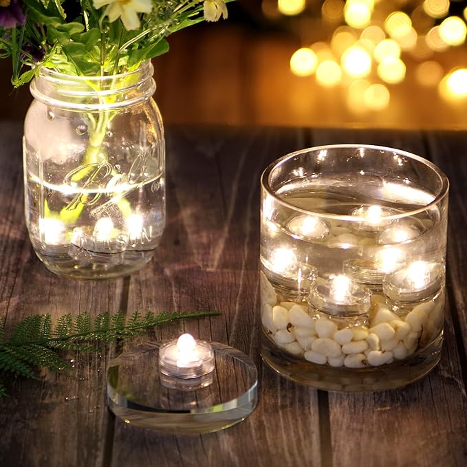IMAGE 12x LED Waterproof Submersible Tealights Flameless Tealight Battery-Operated Sub Lights for Wedding Christmas Thanksgiving Party Events Home Decor Floral Warm White