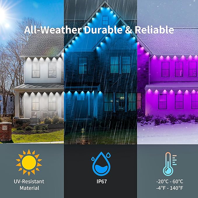 KSIPZE Permanent Outdoor Lights for House, 50ft Smart RGB+IC Eaves LED Lights with App & Button Control, 200+ Dynamic Scene Modes, IP67 Waterproof for Roof, Garden, Christmas, Party Decor