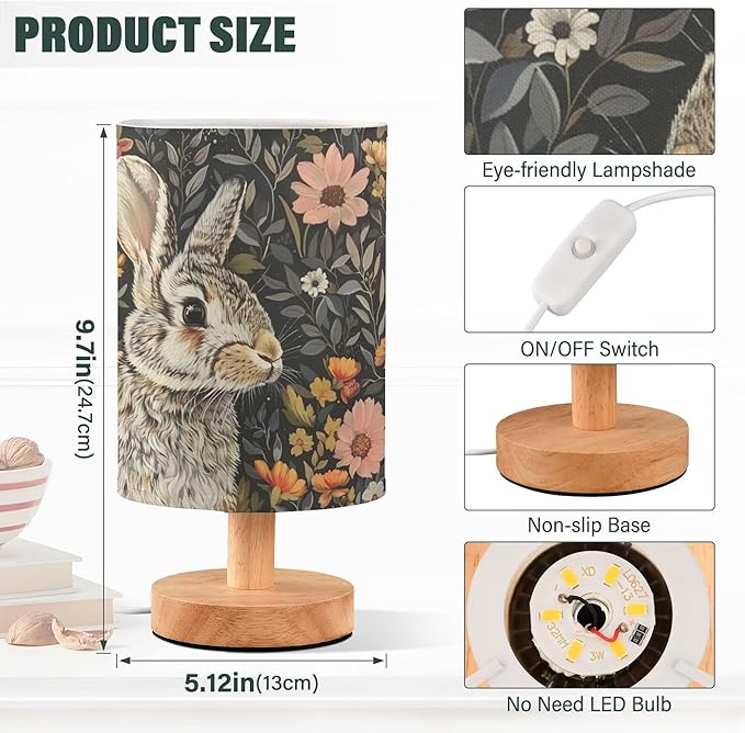 Bunny Rabbit Floral Field Table Lamp with Wood Base Fabric Lamp Shade Bedside Desk Lamp for Living Room Bedroom Kids Room Office