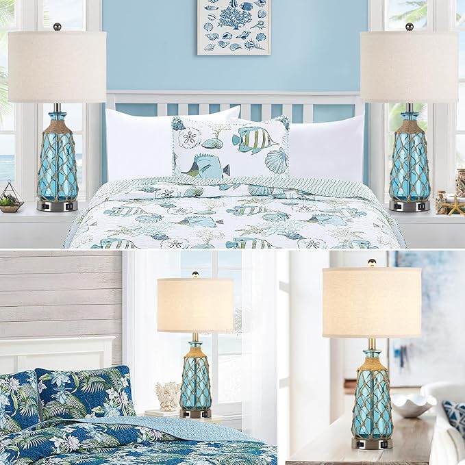 Coastal Glass Table Lamps, 3-Way Dimmable Touch Control Bedside Lamps with 2 USB Ports and AC Outlet, Teal Nautical Nightstand Lamps for Bedroom Living Room (LED Bulbs Included)