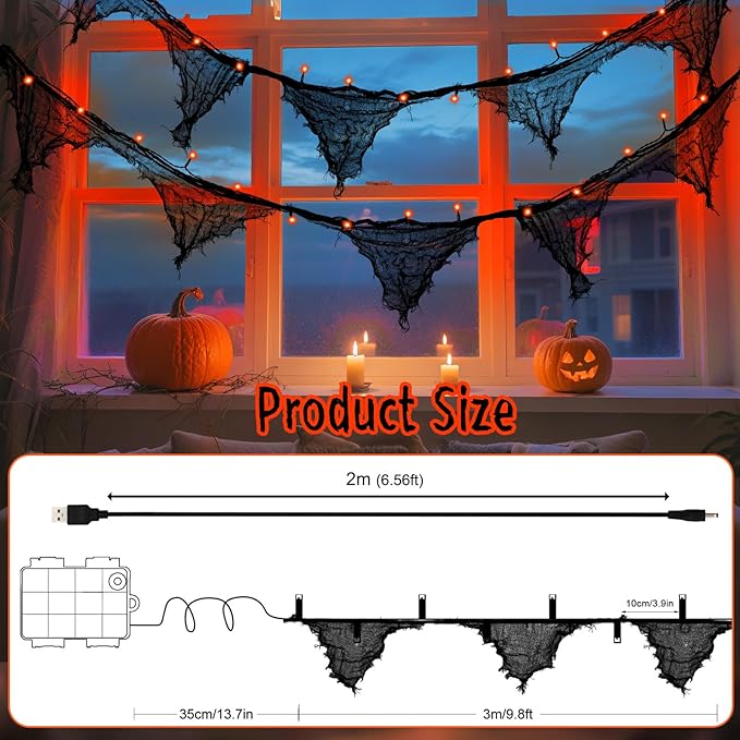 Halloween Lights Battery Operated or USB, Creepy Cloth String Lights with Timer Waterproof 9.8ft 30LED Orange String Lights Halloween Decortions for Fireplace Window Door Mirror