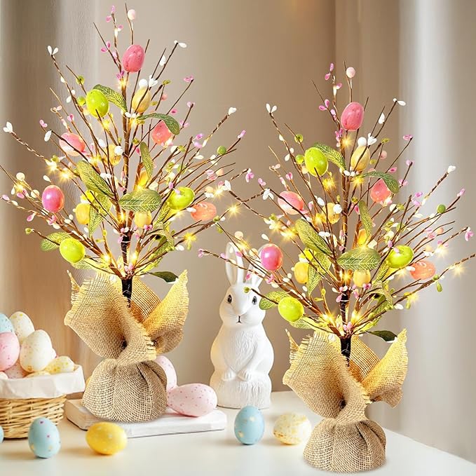 EAMBRITE Easter Decorations Easter Egg Tree with Lights, Lighted Trees Battery Powered, Tabletop Centerpiece Decor with Colorful Egg Ornaments for Home Table Party Spring Decoration (2 Pack)