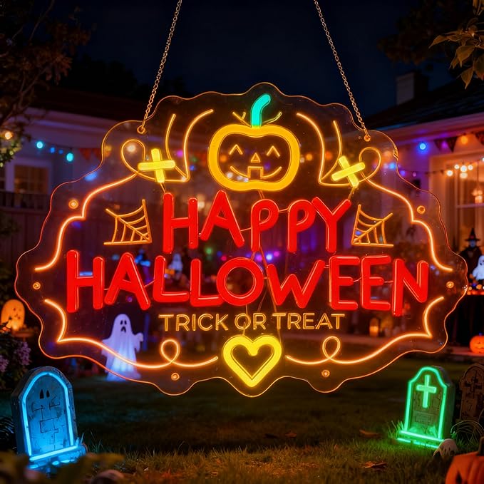 Halloween Neon Sign, Pumpkin Shape with 'HAPPY HALLOWEEN' Lettering, LED Party Decoration for Indoor Home/Bar/Haunted House
