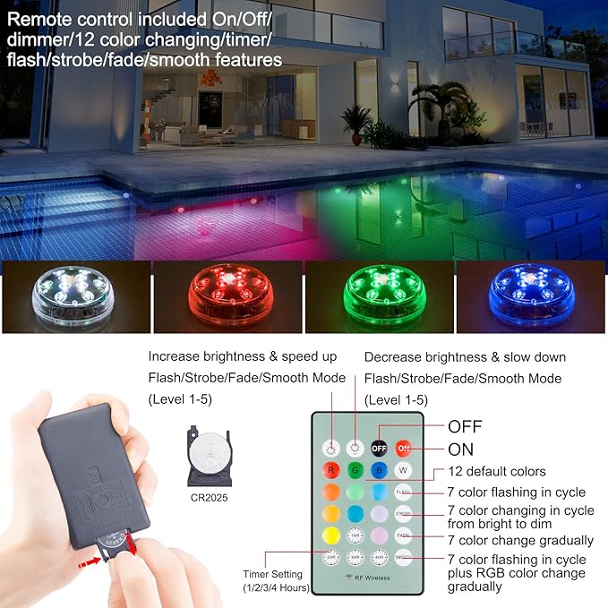 BIGMONAT Battery Operated Shower Lights Waterproof, Submersible Led Pool Light, Dimmable RGB Under Water Light with Remote and Timer, Adhesive Color Changing Lights for Bathtub Vase Fish Tank Pond