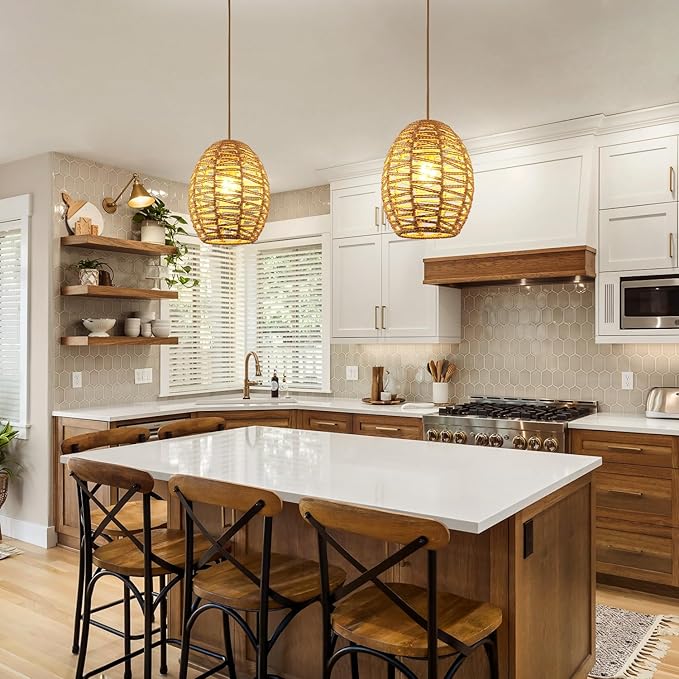 DELIPOP Pendant Light, Hand-Woven Rattan Chandelier, Boho Adjustable Hanging Lights for Living Room, Dining Room, Kitchen, Bedroom, Farmhouse