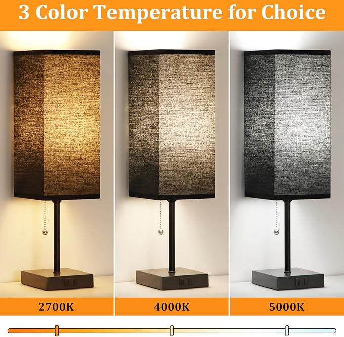 Table Lamp for Bedroom set of 2,3-Color Bedside Lamps with Pull Chain Table Lamps for Nightstand with AC Outlets,18'' Night Light Lamps with 2 Bulbs Lamps for Living Room Kids Office Decor（Black）