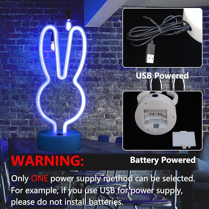 Easter Decorations Bunny Lights Neon Signs, Creative Bunny Neon Lights with Base Battery/USB Operated Rabbit Stuff for Home, Nursery Room, Baby Teen Kids Girls Bedroom, Spring Decor (Blue)