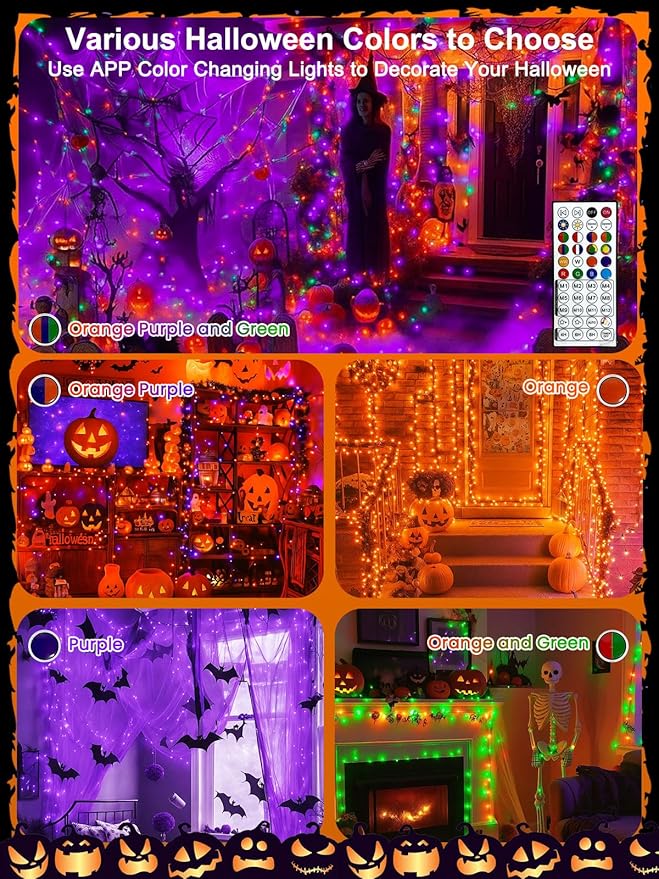 Smart LED Halloween String Lights with Remote & App 198FT 600LED, Waterproof RGB Dimmable Clear Wire Christmas Lights, Color Changing Christmas Tree Light Outdoor Indoor with Timer for Halloween Decor