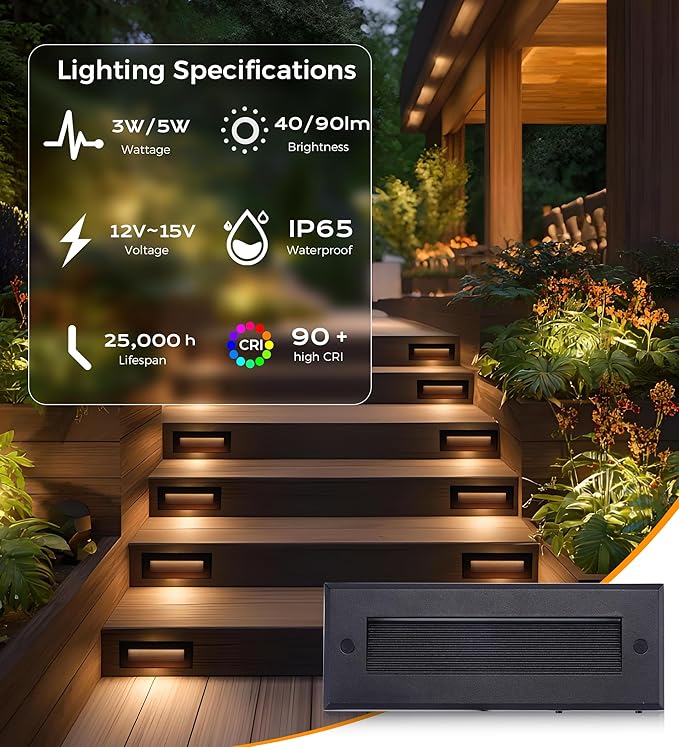 [6 Pack] Cloudy Bay 9 Inch 5CCT Low Voltage LED Outdoor Step Lights 12V-15V 3W/5W Dual-Bright Selectable Landscape Stair Lights,Exterior Deck Lights, Aluminum,Metal Black