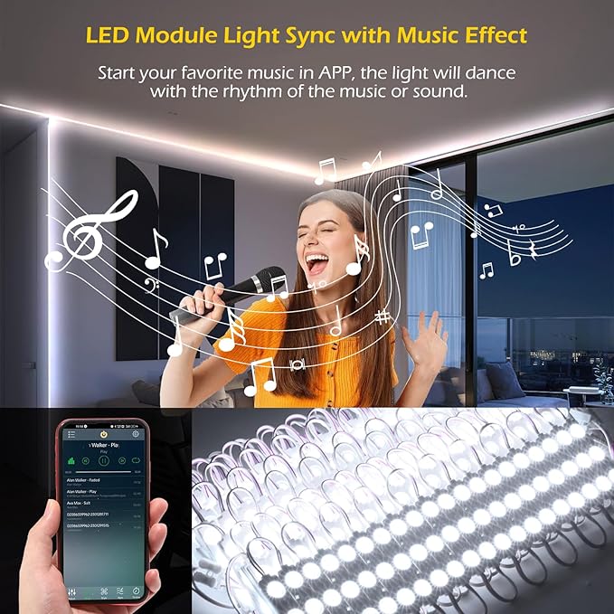 Dyna-Living 100FT White LED Storefront Lights APP Bluetooth & IR Remote Control 200PCS 3-LED 5730 SMD Module Light with Music Sync Mode IP68 Waterproof Storefront Light for Business